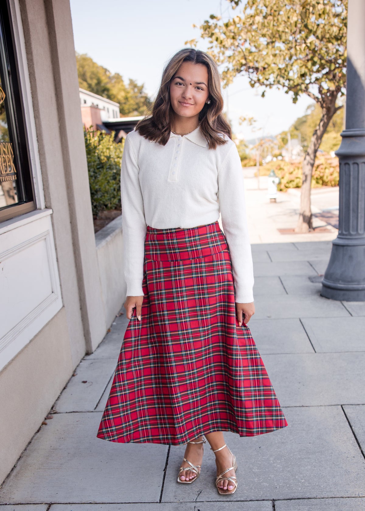 Plaid Midi Skirt - Red