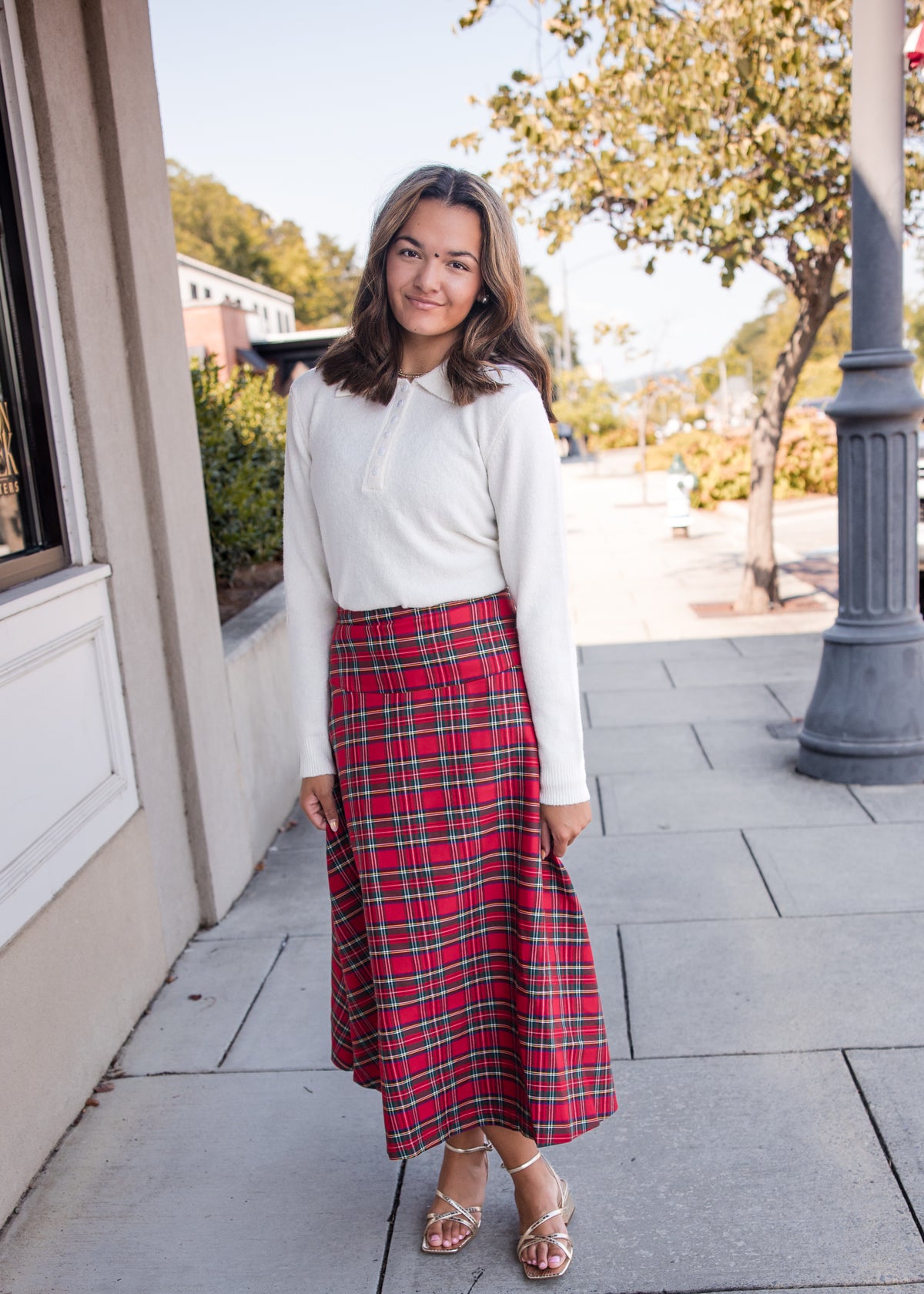 Plaid Midi Skirt - Red