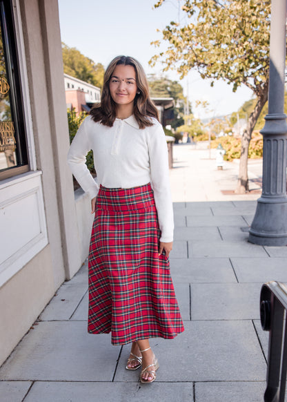 Plaid Midi Skirt - Red