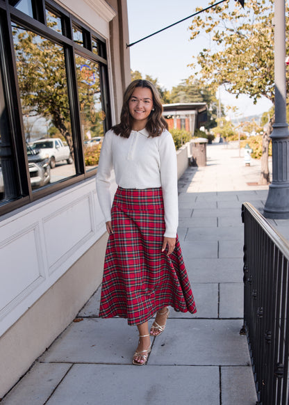 Plaid Midi Skirt - Red