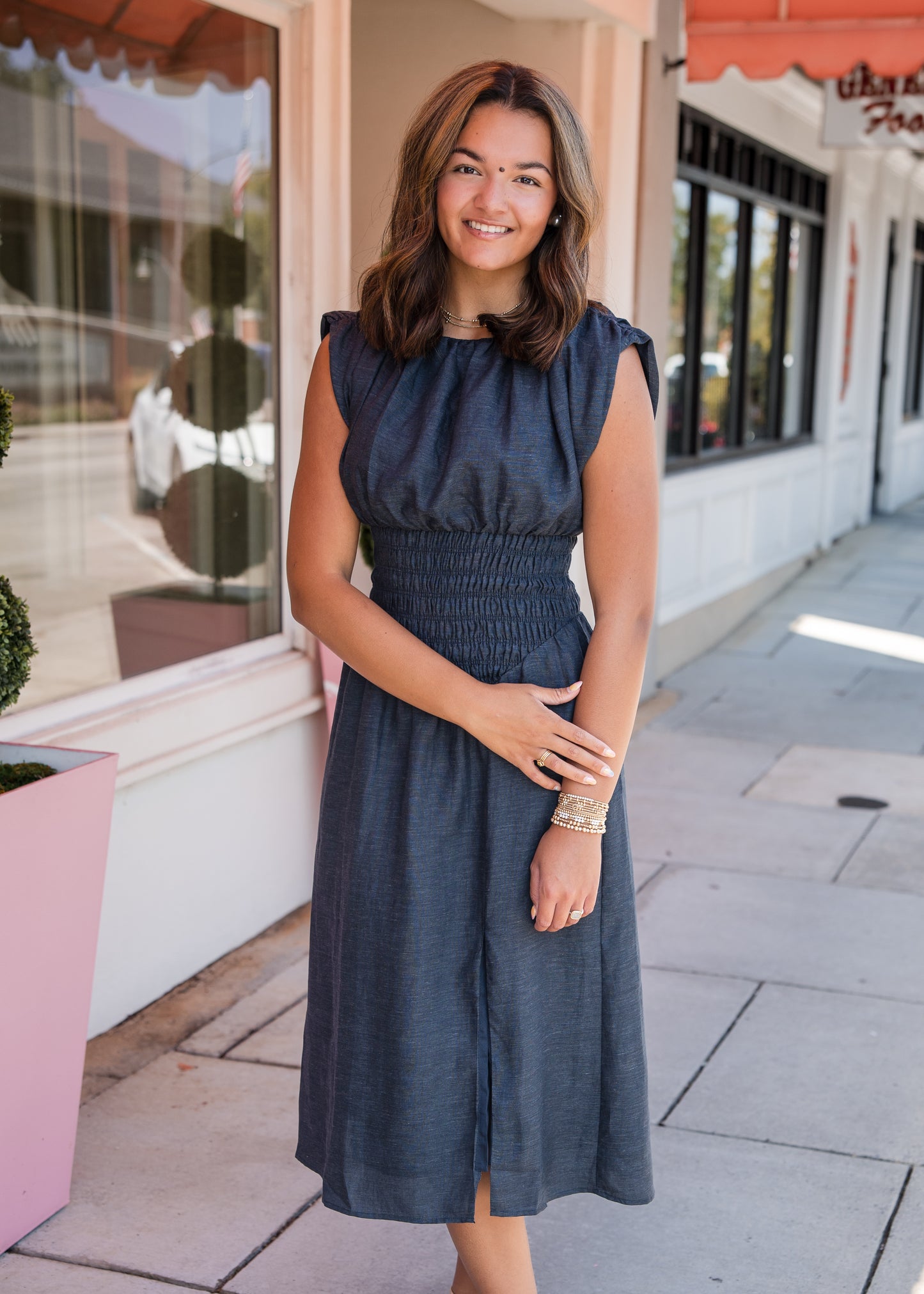 Sleeveless Denim Dress with Side Slit - Dark Blue