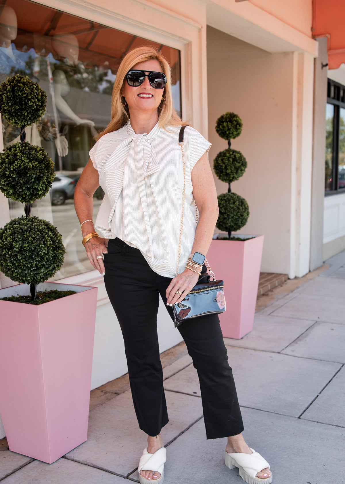 Tie-Neck Stripe Cap Sleeve Top - Cream