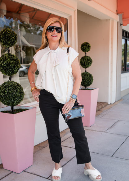 Tie-Neck Stripe Cap Sleeve Top - Cream