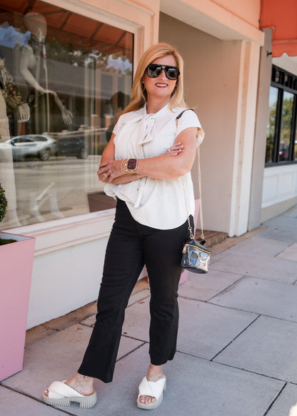 Tie-Neck Stripe Cap Sleeve Top - Cream