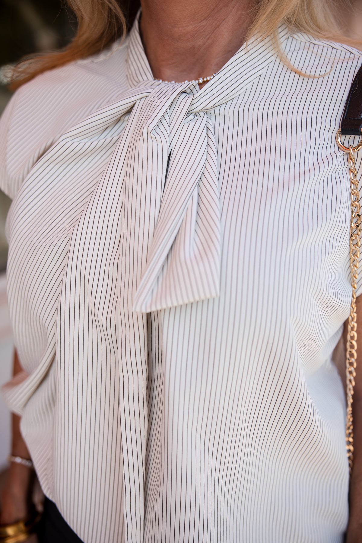 Tie-Neck Stripe Cap Sleeve Top - Cream