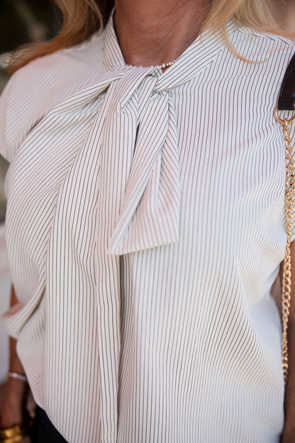Tie-Neck Stripe Cap Sleeve Top - Cream