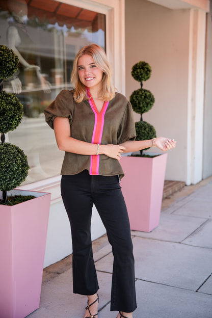 Suede Top with Color Blocking Detail - Olive
