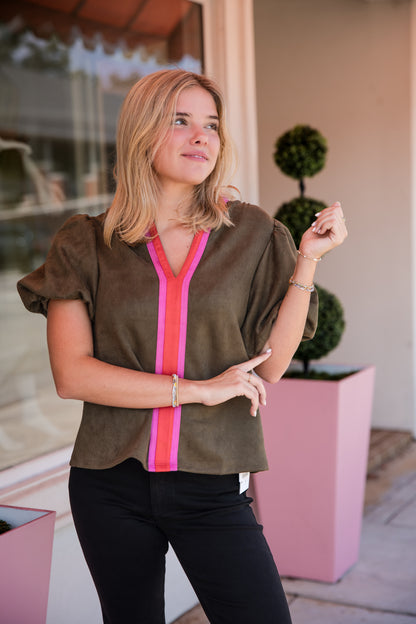 Suede Top with Color Blocking Detail - Olive