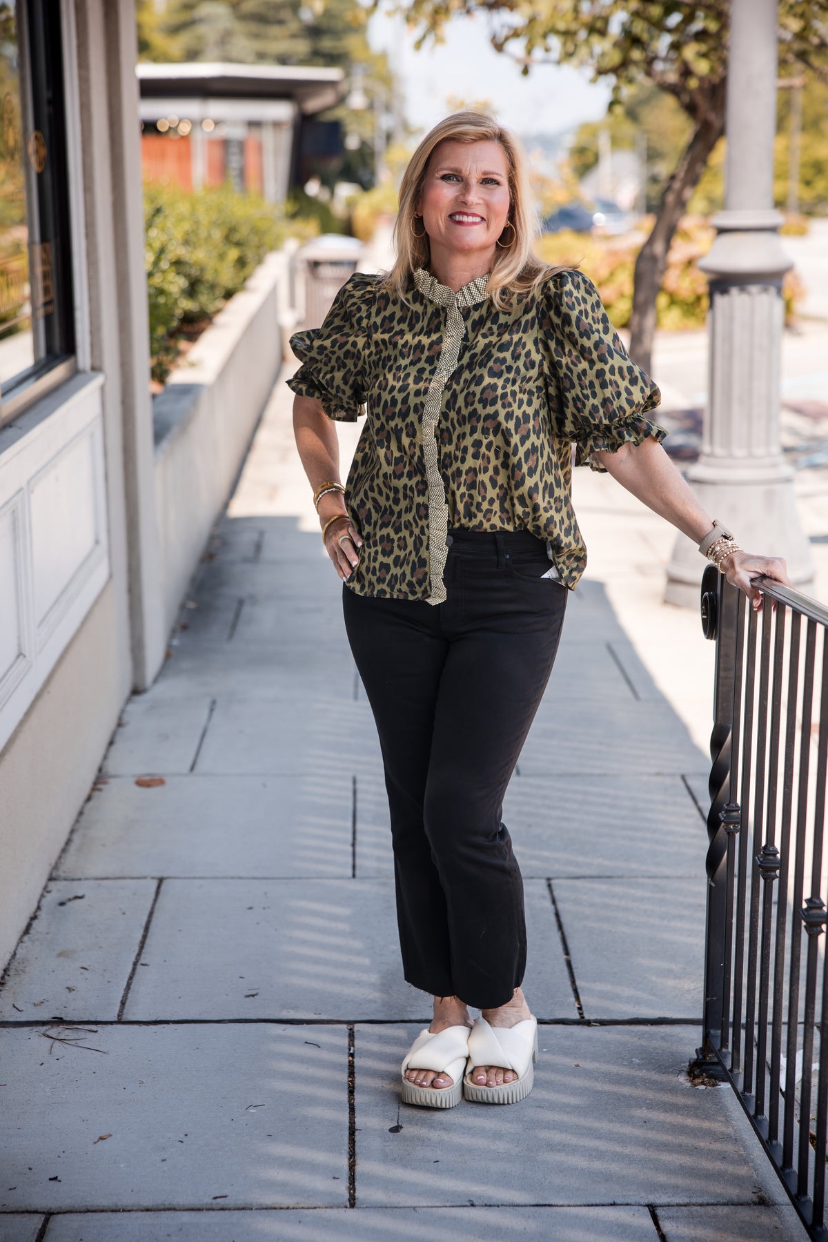 Leopard Print Ruffle Trim Puff Sleeve Top - Olive