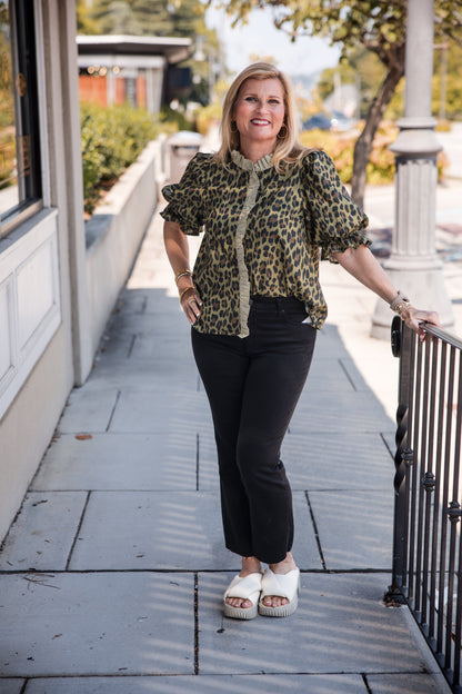 Leopard Print Ruffle Trim Puff Sleeve Top - Olive