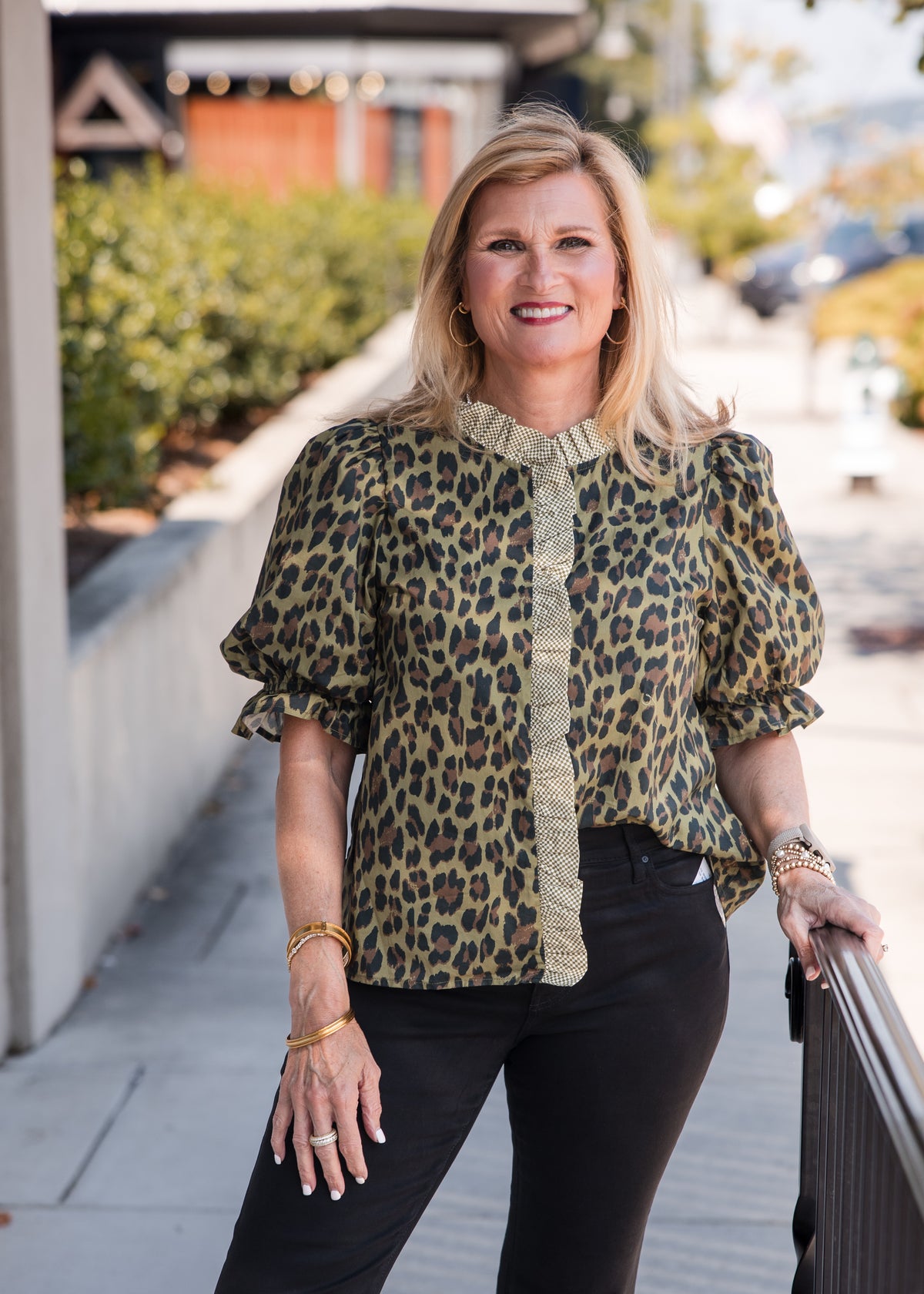 Leopard Print Ruffle Trim Puff Sleeve Top - Olive