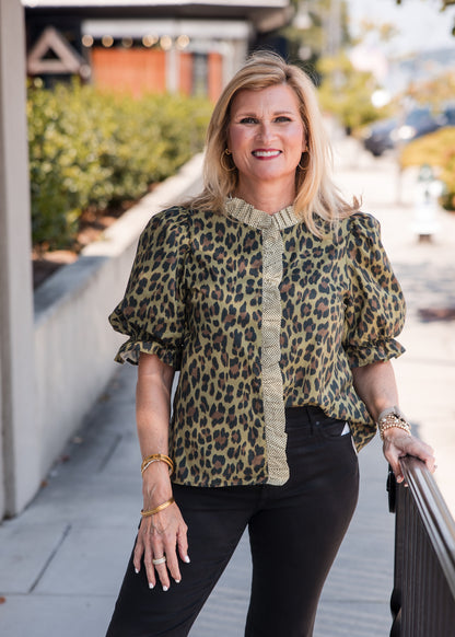 Leopard Print Ruffle Trim Puff Sleeve Top - Olive