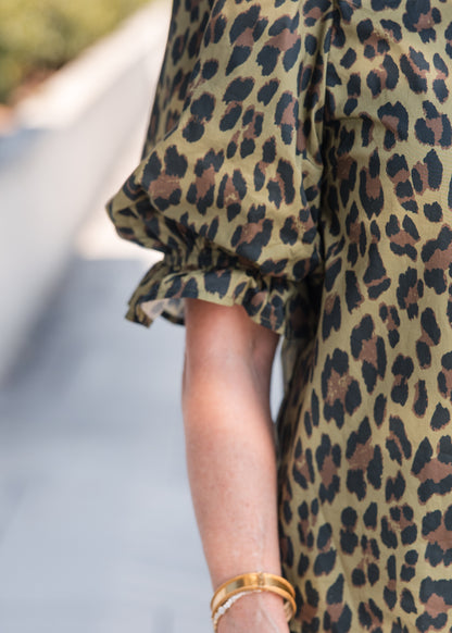 Leopard Print Ruffle Trim Puff Sleeve Top - Olive