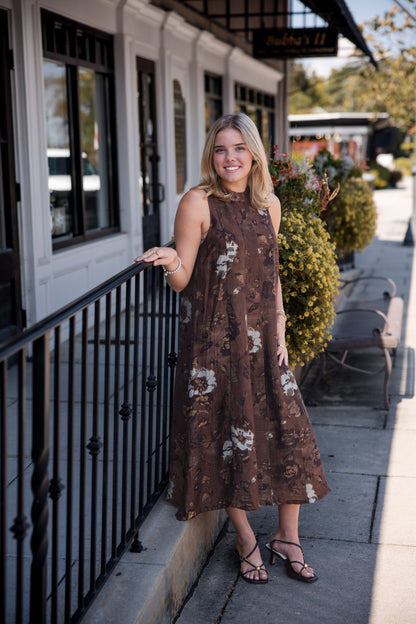 Tie Back Sleeveless Floral Maxi Dress - Brown