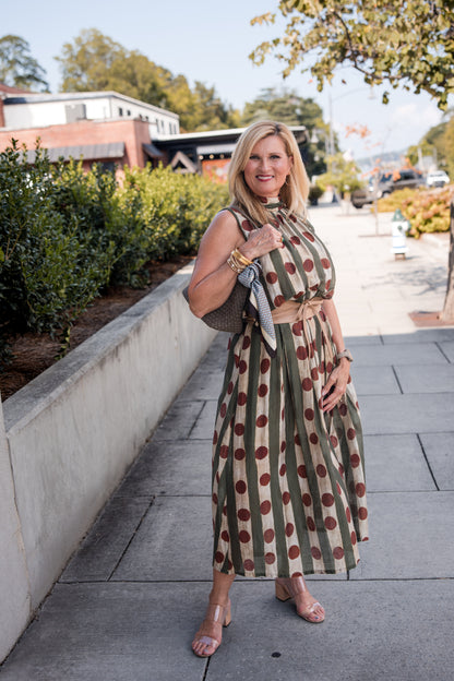 Printed Sleeveless High Neck Midi Dress - Olive