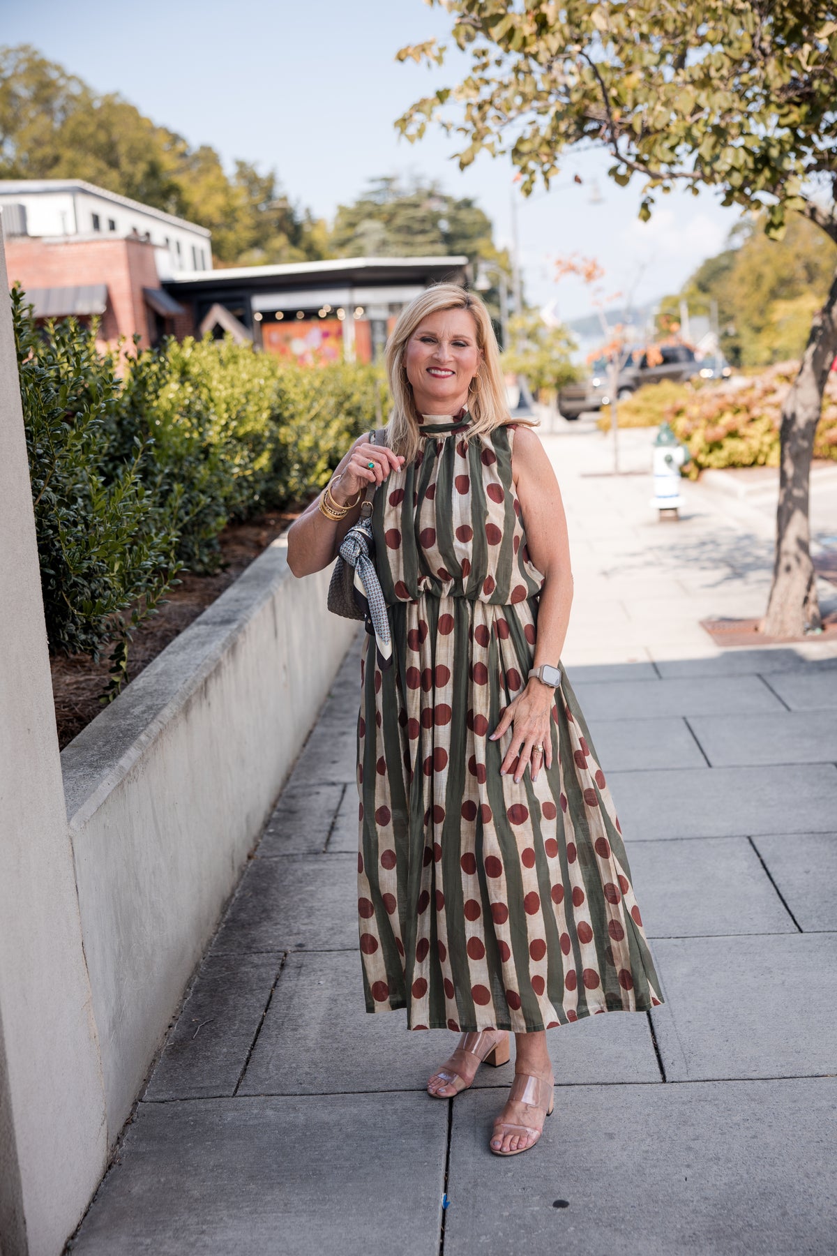 Printed Sleeveless High Neck Midi Dress - Olive