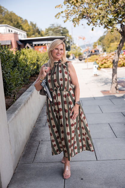 Printed Sleeveless High Neck Midi Dress - Olive
