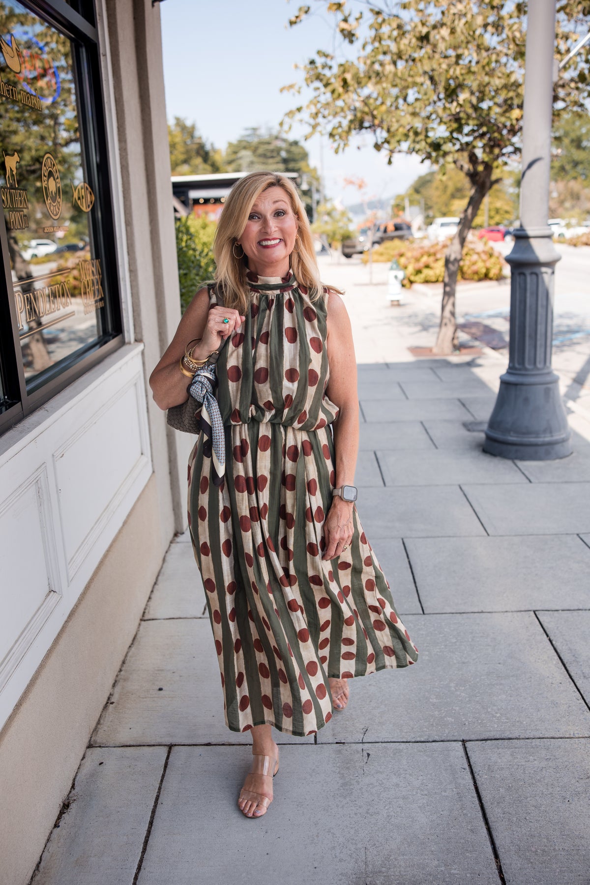Printed Sleeveless High Neck Midi Dress - Olive