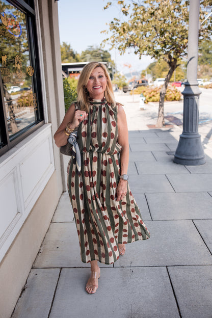 Printed Sleeveless High Neck Midi Dress - Olive