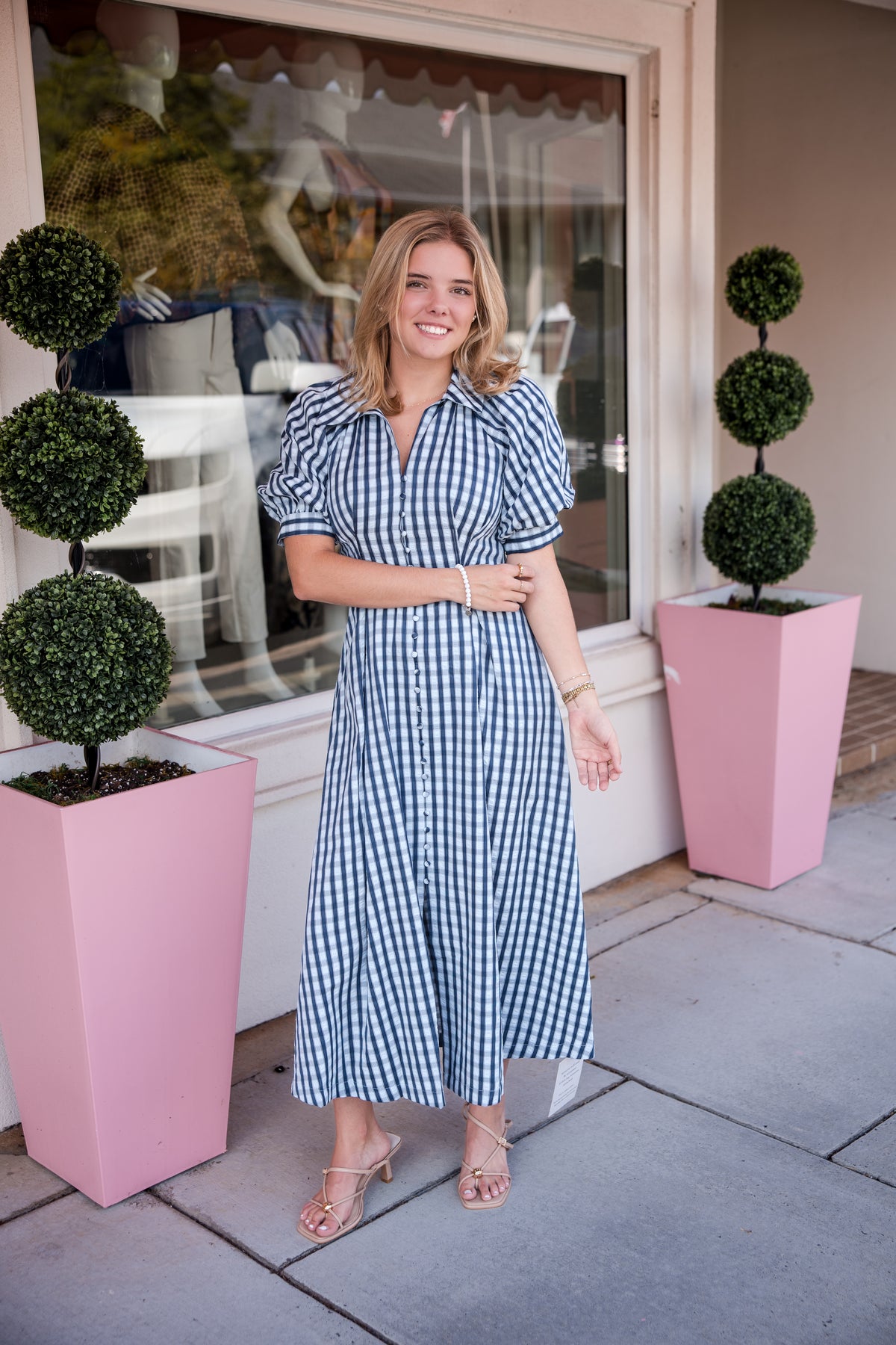 Gingham Puff Sleeve Midi Dress - Blue Multi