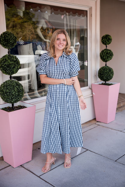 Gingham Puff Sleeve Midi Dress - Blue Multi