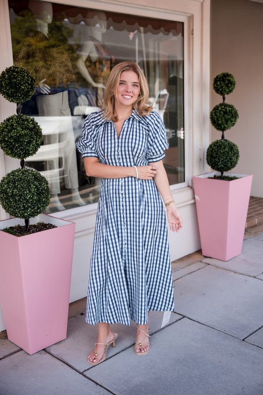 Gingham Puff Sleeve Midi Dress - Blue Multi