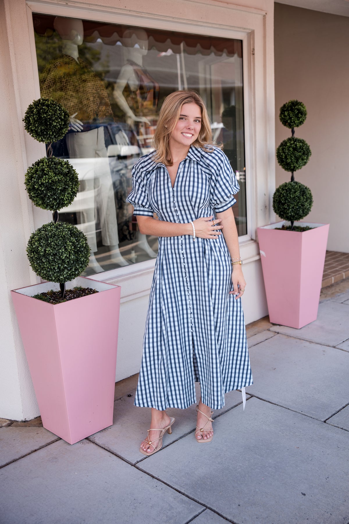 Gingham Puff Sleeve Midi Dress - Blue Multi