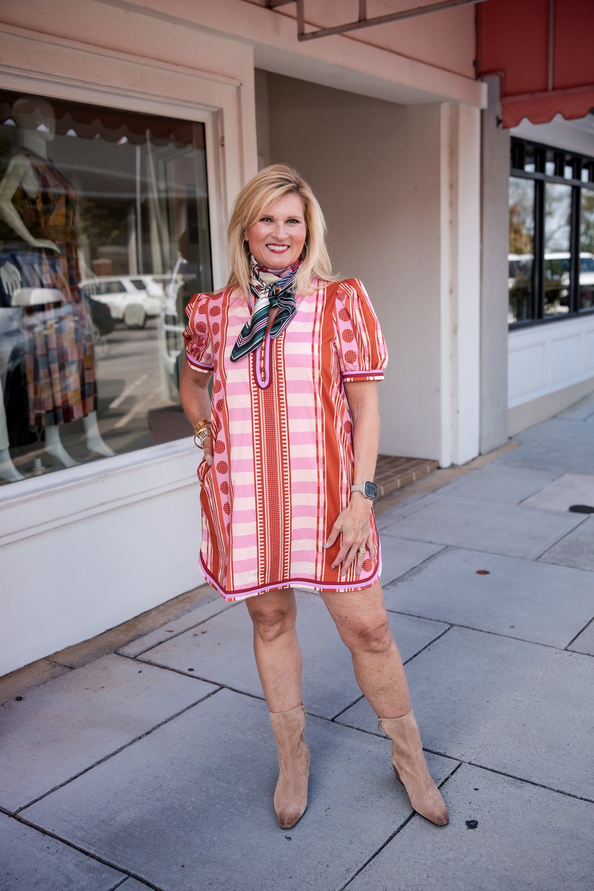 V-neck Button Printed Short Puff Sleeve Mini Dress - Rust Pink