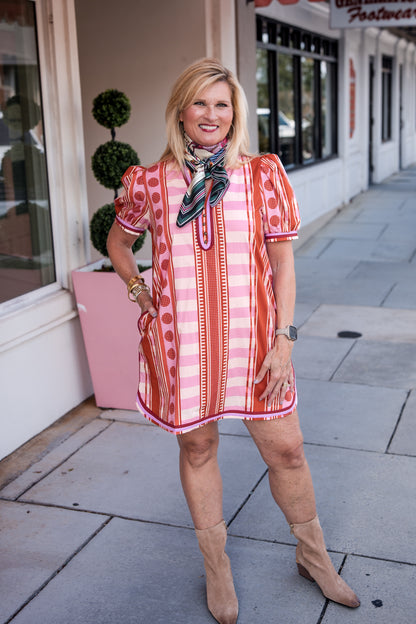V-neck Button Printed Short Puff Sleeve Mini Dress - Rust Pink