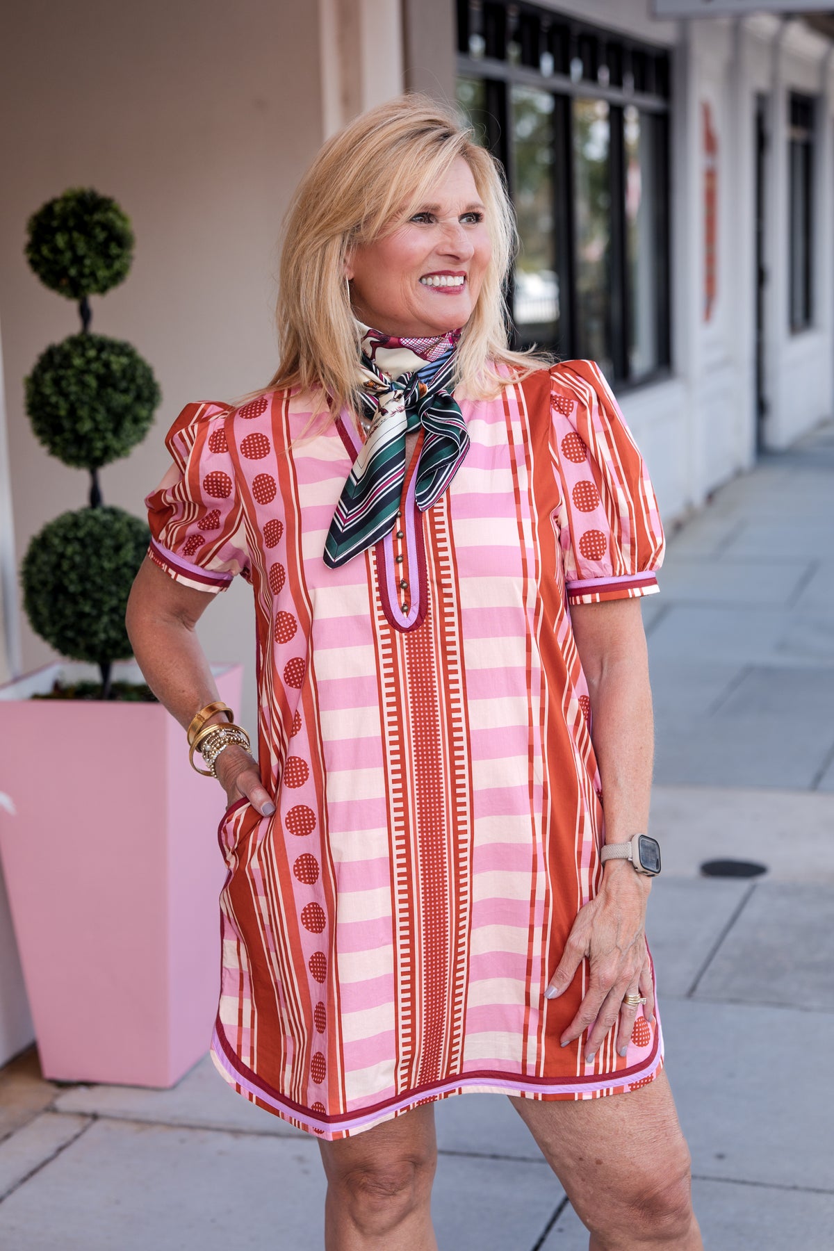 V-neck Button Printed Short Puff Sleeve Mini Dress - Rust Pink