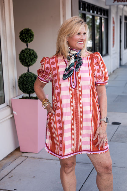 V-neck Button Printed Short Puff Sleeve Mini Dress - Rust Pink