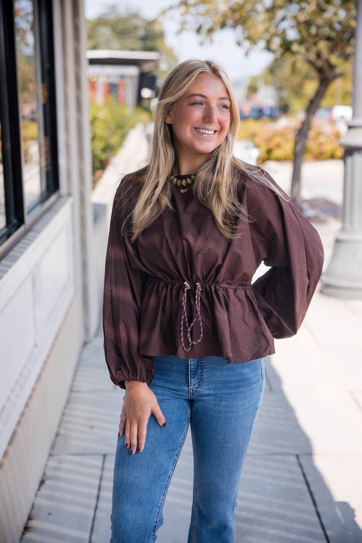 Drawstring Waist Blouse - Burgundy