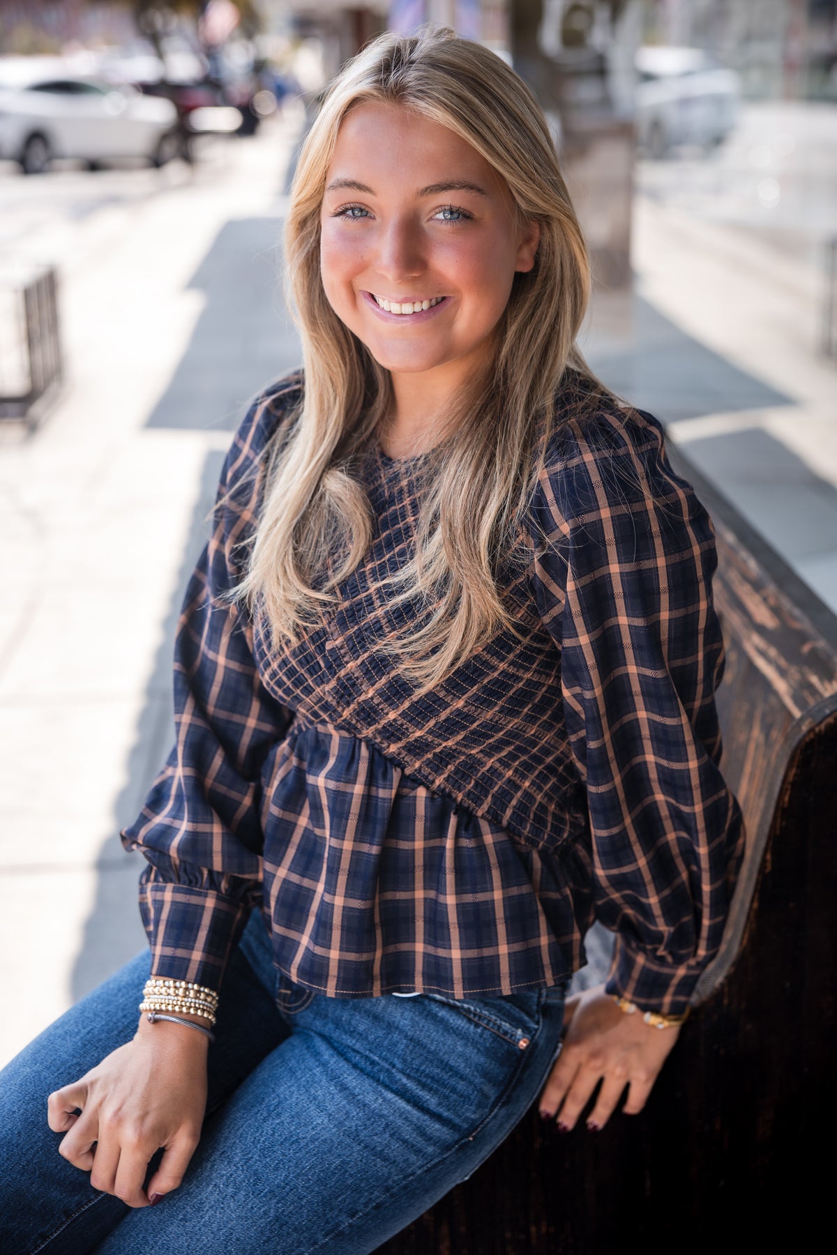 Larue Plaid Smocked Long Sleeve Top - Navy/Brown Multi