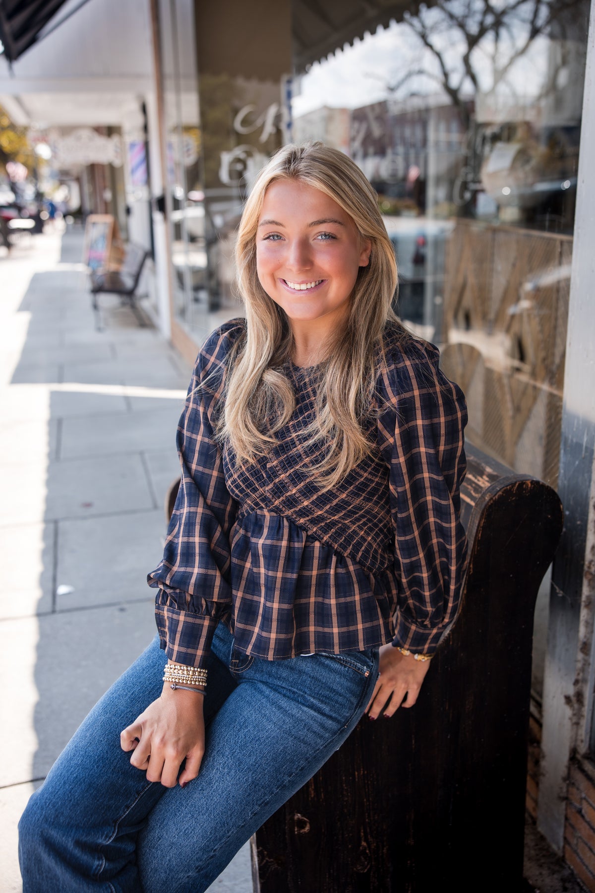 Larue Plaid Smocked Long Sleeve Top - Navy/Brown Multi