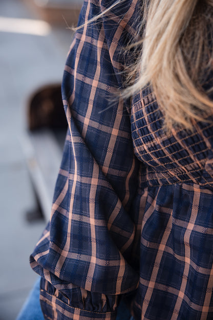 Larue Plaid Smocked Long Sleeve Top - Navy/Brown Multi