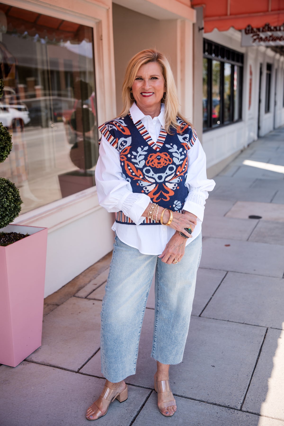 Flower Print with Stripe Detail Vest Top - Navy
