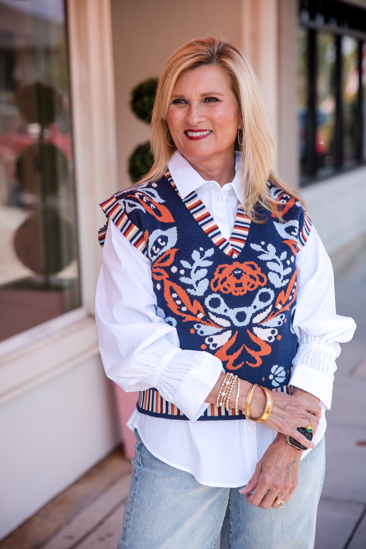 Flower Print with Stripe Detail Vest Top - Navy