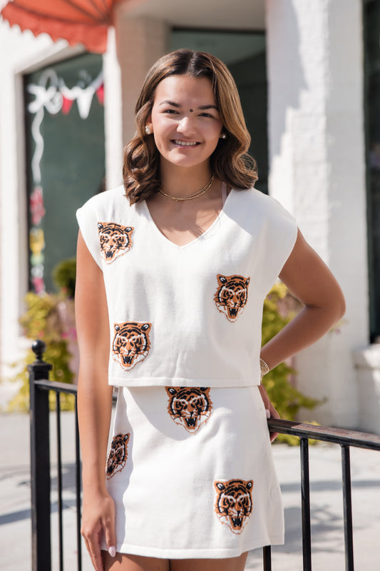 Game Day V-neck Sweater Top & Matching Skirt Set - Ivory