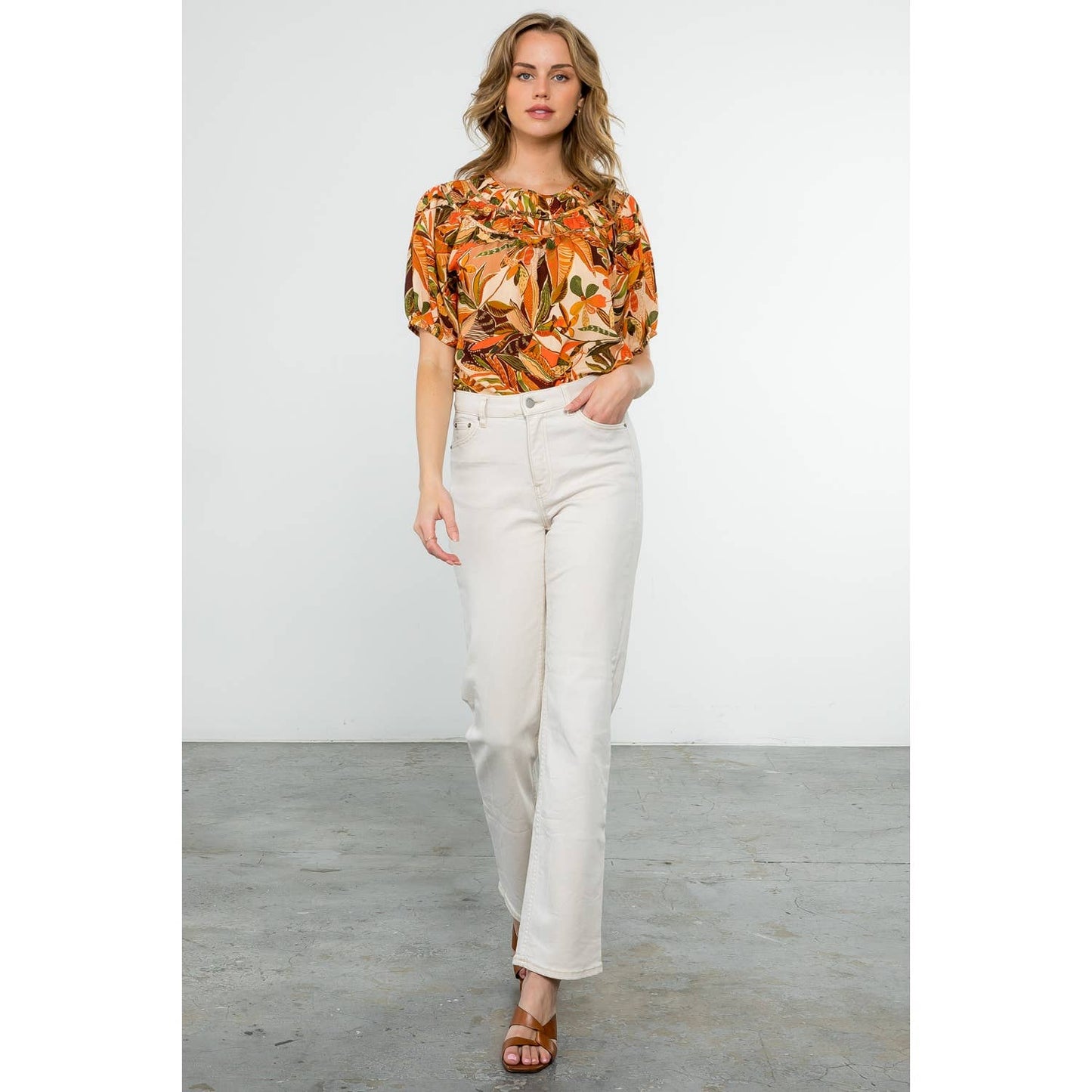 Puff Sleeve Floral Top - Beige