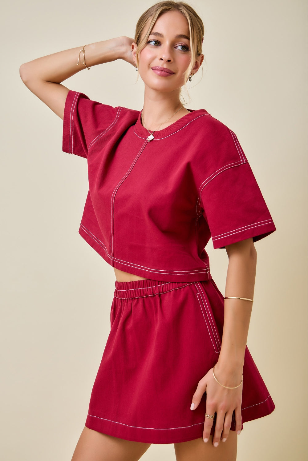 Boxy Cropped Contrast Stitch Detail Top - Maroon