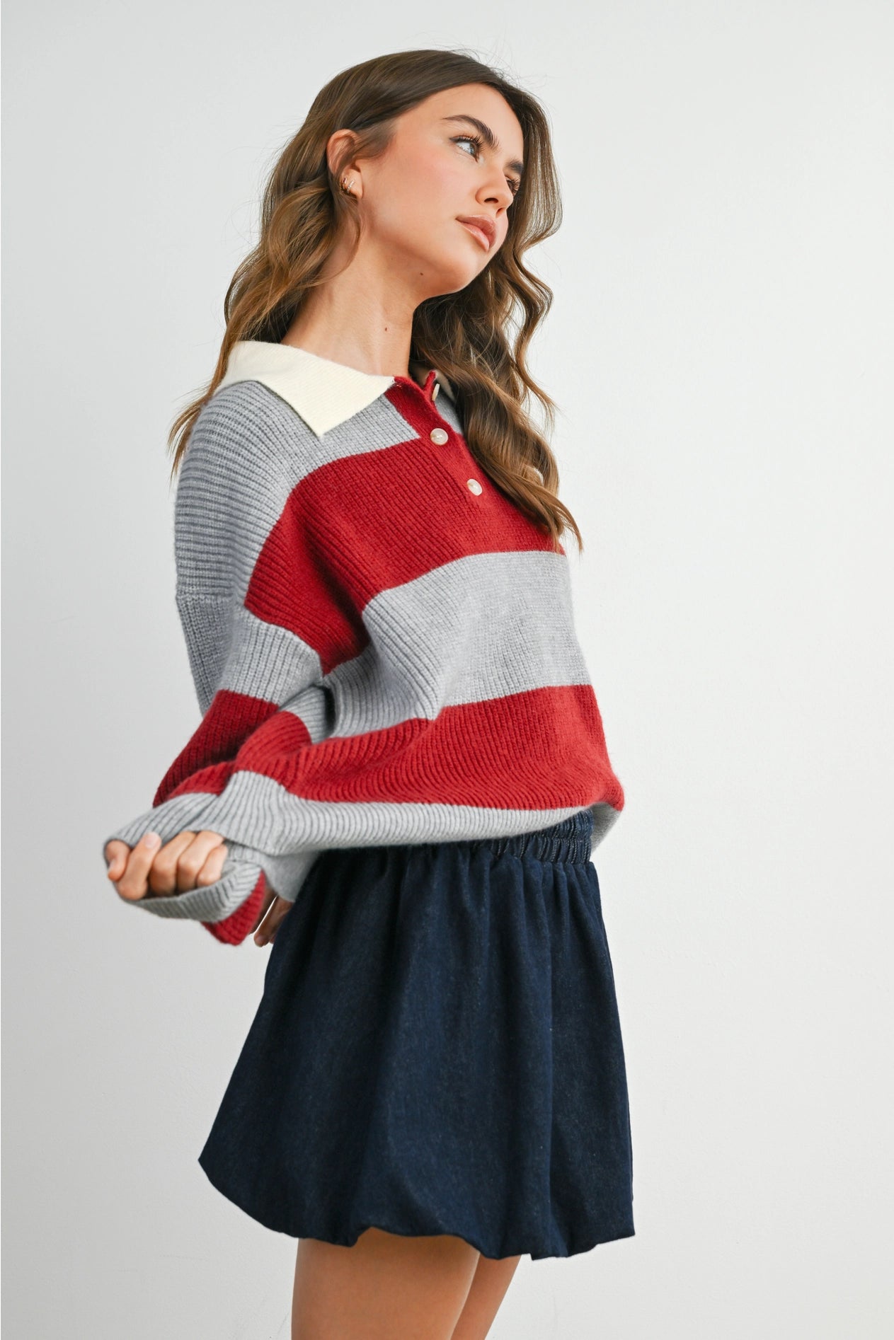 Buttoned Striped Collared Long Sleeve Top - Grey/Burgundy