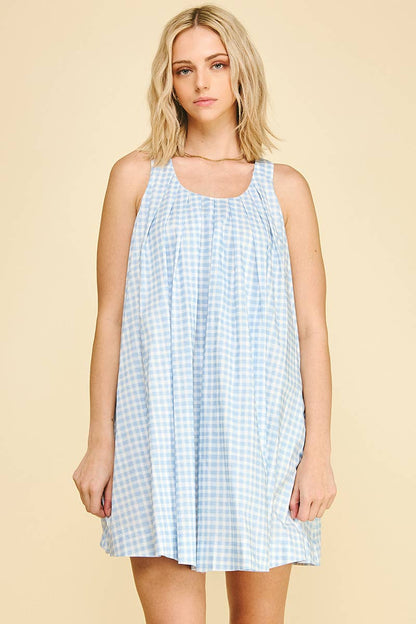 Gingham A-Line Mini Dress - Baby Blue