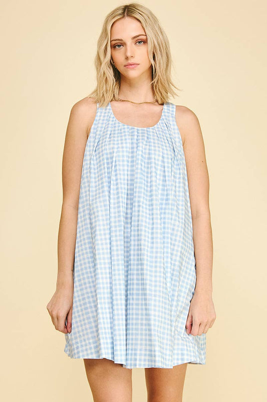 Gingham A-Line Mini Dress - Baby Blue