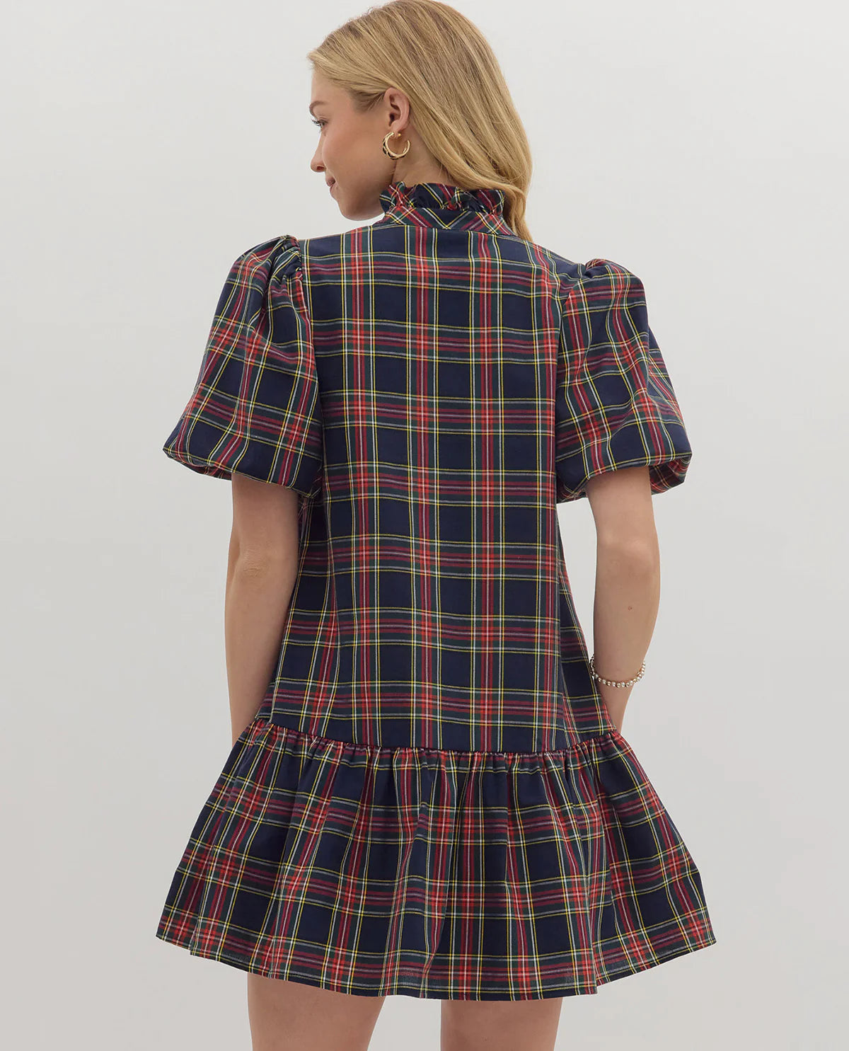 Tartan Plaid Mini Dress - Navy