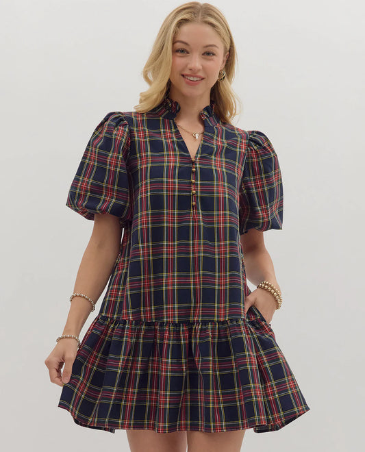 Tartan Plaid Mini Dress - Navy