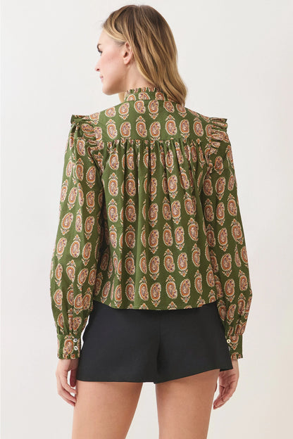 Paisley Print Button Down Shirt - Olive
