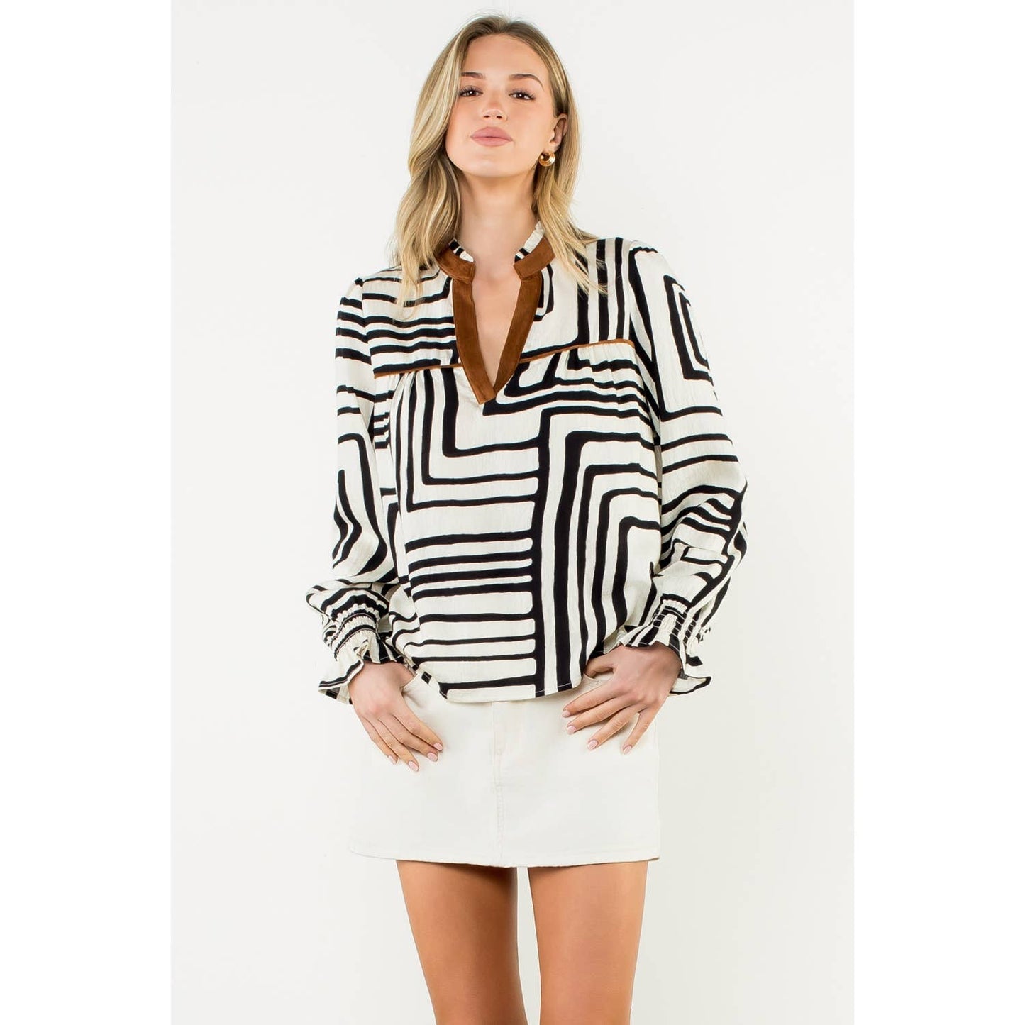 Abstract Print Long Sleeve V-Neck Top - Cream