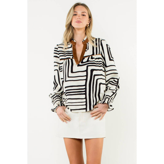 Abstract Print Long Sleeve V-Neck Top - Cream