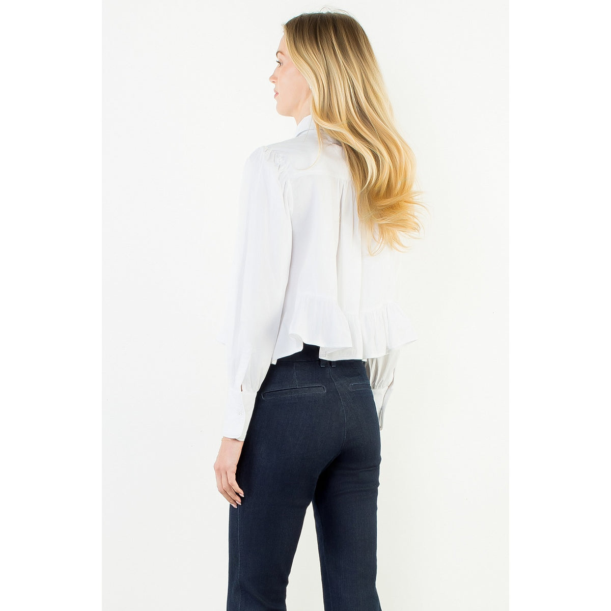 Button Up Long Sleeve Ruffle Hem Top - White