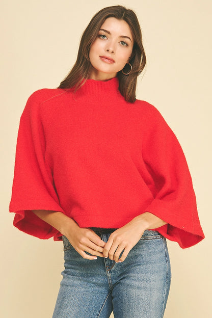 Wide Sleeve Mock Neck Sweater - Red